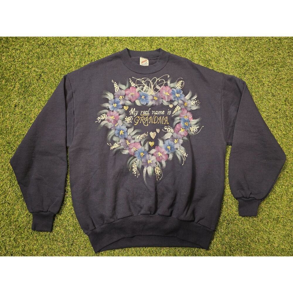 Vintage JERZEES "My Real Name Is Grandma" Floral Sweatshirt Sz XL